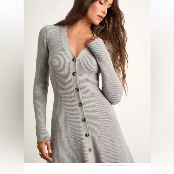 Lulu's Gray Ribbed Button-Front Sweater Dress - Picture 5 of 8